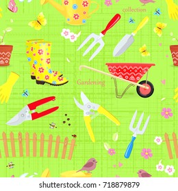 colorful seamless texture with collection of gardening tools and equipments 