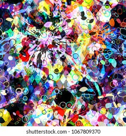 Colorful seamless texture with dark, light elements. Colorful organic and geometric particles. Abstract vector background for web page, banners backdrop, fabric, home decor, wrapping