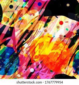 Colorful seamless texture with dots and scribbles. Abstract vector background for web page, banners backdrop, fabric, home decor, wrapping