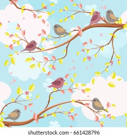 colorful seamless texture with elegant branches of tree and birds 