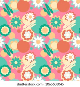 Colorful seamless texture with a floral pattern and abstract shapes. Baby seamless pattern, vector