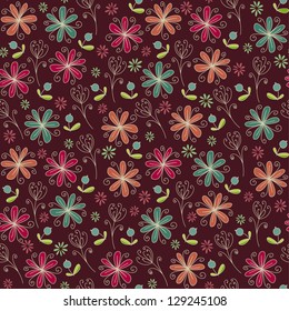 Colorful seamless texture with flowers, petals, leaves and berries. Endless cute floral pattern. Template for design