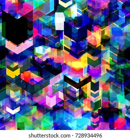 Colorful seamless texture from geometric elements. 3d cubes and arrows. Dark and light. Abstract vector background for web page, banners, fabric, home decor, wrapping 