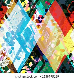 Colorful seamless texture from hand drawn rhombus and stylized decorative leaves