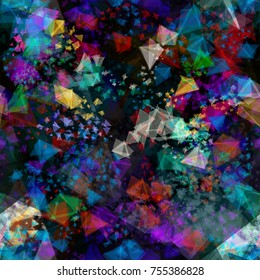 Colorful seamless texture on dark backdrop. Different triangles mix random. Like gems. Abstract vector background for web page, banners backdrop, fabric, home decor, wrapping