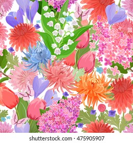 colorful seamless texture with spring flowers and butterflies. floral mix for your design