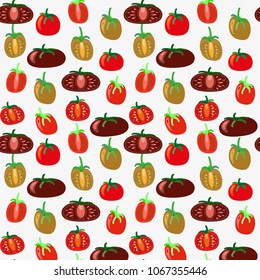 Colorful seamless texture with tomatoes of different colors and varieties on  white background. Endless pattern for design market, packaging.