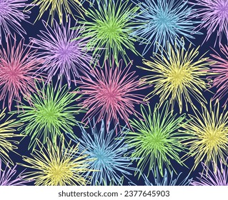 Colorful seamless textured pattern of fluffy pom poms on dark background. Festive fireworks background.