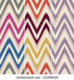 Colorful seamless thready chevron zig zag pattern background in three 14 x 14 inch color combinations