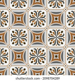 Diseño de baldosas inmaculadas. Papel pintado de época: Islam, árabe, indio, otomano, motivos, alfarería, damasco. Perfecto para imprimir en tela o papel. Color marrón, azulejos cerámicos, vector