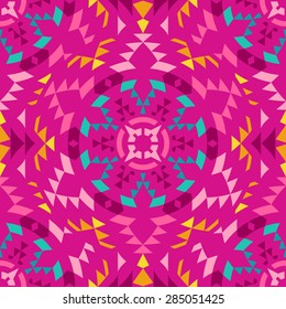 Colorful Seamless Tile Mosaic Pattern. Psychedelic Mix of Colorful Triangles and Rhombuses on Pink