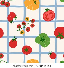 Colorful seamless tomato pattern with ripe red and green tomatoes, cherry tomatoes and vegetables on a hand-drawn grid background. Playful food illustration inspired by fresh farmers market produce.