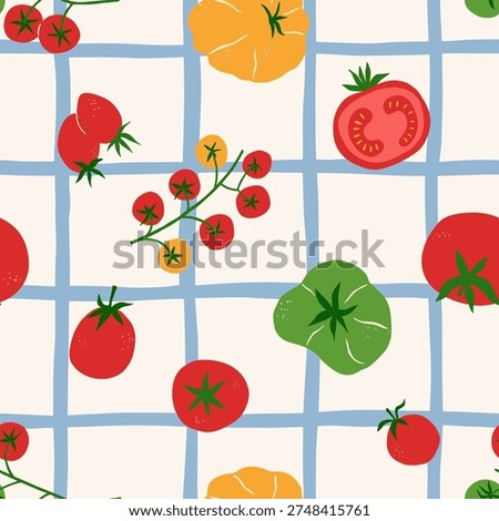 Colorful seamless tomato pattern with ripe red and green tomatoes, cherry tomatoes and vegetables on a hand-drawn grid background. Playful food illustration inspired by fresh farmers market produce.