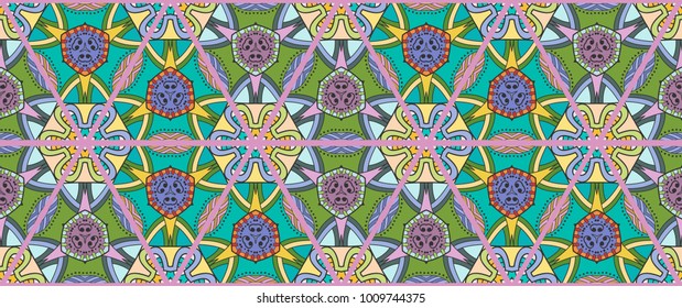 Colorful seamless triangle patchwork pattern. Abstract hand drawn art, stylized floral doodle ornament. Tribal ethnic arabic, indian decor. Vector collage quilt pattern. Textile fabric paper print