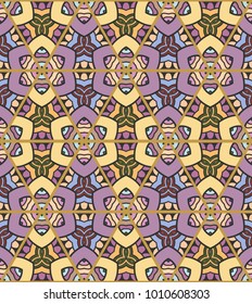 Colorful seamless triangle patchwork pattern. Abstract hand drawn art, stylized floral doodle ornament. Tribal ethnic arabic, indian decor. Vector collage quilt pattern. Textile fabric paper print