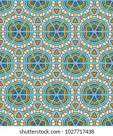 Colorful seamless triangle patchwork pattern. Abstract hand drawn art, stylized floral doodle ornament. Tribal ethnic arabic, indian decor. Vector collage quilt pattern. Textile fabric paper print