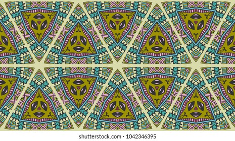 Colorful seamless triangle patchwork pattern. Abstract hand drawn art, stylized floral doodle ornament. Tribal ethnic arabic, indian decor. Vector collage quilt pattern. Textile fabric paper print