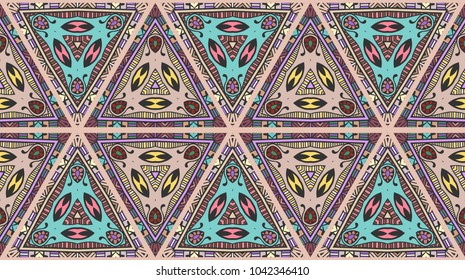 Colorful seamless triangle patchwork pattern. Abstract hand drawn art, stylized floral doodle ornament. Tribal ethnic arabic, indian decor. Vector collage quilt pattern. Textile fabric paper print