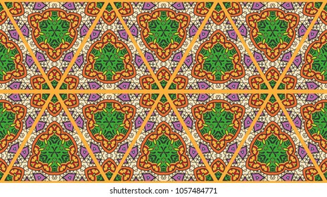 Colorful seamless triangle patchwork pattern. Abstract hand drawn art, stylized floral doodle ornament. Tribal ethnic arabic, indian decor. Vector collage quilt pattern. Textile fabric paper print