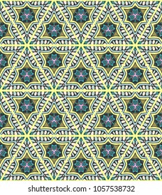 Colorful seamless triangle patchwork pattern. Abstract hand drawn art, stylized floral doodle ornament. Tribal ethnic arabic, indian decor. Vector collage quilt pattern. Textile fabric paper print