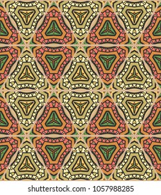 Colorful seamless triangle patchwork pattern. Abstract hand drawn art, stylized floral doodle ornament. Tribal ethnic arabic, indian decor. Vector collage quilt pattern. Textile fabric paper print
