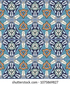 Colorful seamless triangle patchwork pattern. Abstract hand drawn art, stylized floral doodle ornament. Tribal ethnic arabic, indian decor. Vector collage quilt pattern. Textile fabric paper print