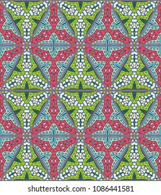 Colorful seamless triangle patchwork pattern. Abstract hand drawn art, stylized floral doodle ornament. Tribal ethnic arabic, indian decor. Vector collage quilt pattern. Textile fabric paper print