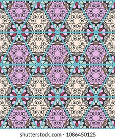 Colorful seamless triangle patchwork pattern. Abstract hand drawn art, stylized floral doodle ornament. Tribal ethnic arabic, indian decor. Vector collage quilt pattern. Textile fabric paper print