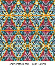 Colorful seamless triangle patchwork pattern. Abstract hand drawn art, stylized floral doodle ornament. Tribal ethnic arabic, indian decor. Vector collage quilt pattern. Textile fabric paper print