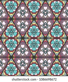 Colorful seamless triangle patchwork pattern. Abstract hand drawn art, stylized floral doodle ornament. Tribal ethnic arabic, indian decor. Vector collage quilt pattern. Textile fabric paper print