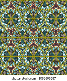 Colorful seamless triangle patchwork pattern. Abstract hand drawn art, stylized floral doodle ornament. Tribal ethnic arabic, indian decor. Vector collage quilt pattern. Textile fabric paper print