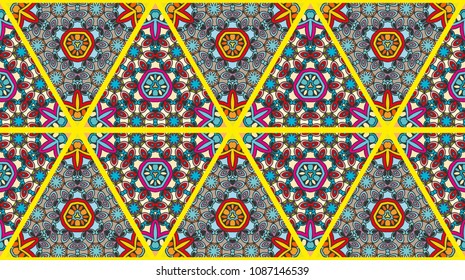 Colorful seamless triangle patchwork pattern. Abstract hand drawn art, stylized floral doodle ornament. Tribal ethnic arabic, indian decor. Vector collage quilt pattern. Textile fabric paper print