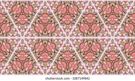 Colorful seamless triangle patchwork pattern. Abstract hand drawn art, stylized floral doodle ornament. Tribal ethnic arabic, indian decor. Vector collage quilt pattern. Textile fabric paper print