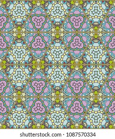 Colorful seamless triangle patchwork pattern. Abstract hand drawn art, stylized floral doodle ornament. Tribal ethnic arabic, indian decor. Vector collage quilt pattern. Textile fabric paper print