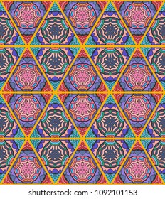 Colorful seamless triangle patchwork pattern. Abstract hand drawn art, stylized floral doodle ornament. Tribal ethnic arabic, indian decor. Vector collage quilt pattern. Textile fabric paper print