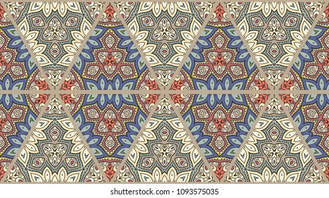 Colorful seamless triangle patchwork pattern. Abstract hand drawn art, stylized floral doodle ornament. Tribal ethnic arabic, indian decor. Vector collage quilt pattern. Textile fabric paper print