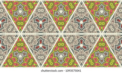 Colorful seamless triangle patchwork pattern. Abstract hand drawn art, stylized floral doodle ornament. Tribal ethnic arabic, indian decor. Vector collage quilt pattern. Textile fabric paper print