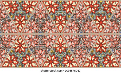 Colorful seamless triangle patchwork pattern. Abstract hand drawn art, stylized floral doodle ornament. Tribal ethnic arabic, indian decor. Vector collage quilt pattern. Textile fabric paper print