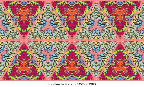 Colorful seamless triangle patchwork pattern. Abstract hand drawn art, stylized floral doodle ornament. Tribal ethnic arabic, indian decor. Vector collage quilt pattern. Textile fabric paper print