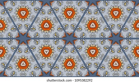 Colorful seamless triangle patchwork pattern. Abstract hand drawn art, stylized floral doodle ornament. Tribal ethnic arabic, indian decor. Vector collage quilt pattern. Textile fabric paper print