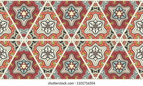 Colorful seamless triangle patchwork pattern. Abstract hand drawn art, stylized floral doodle ornament. Tribal ethnic arabic, indian decor. Vector collage quilt pattern. Textile fabric paper print