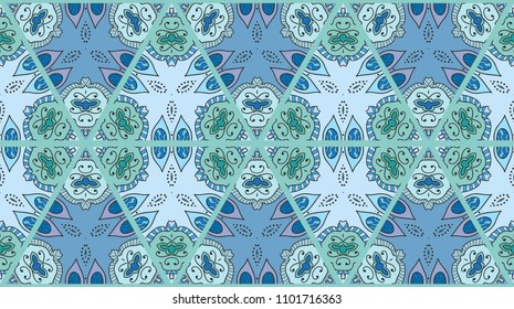 Colorful seamless triangle patchwork pattern. Abstract hand drawn art, stylized floral doodle ornament. Tribal ethnic arabic, indian decor. Vector collage quilt pattern. Textile fabric paper print