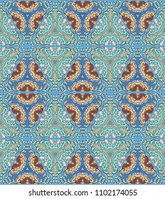 Colorful seamless triangle patchwork pattern. Abstract hand drawn art, stylized floral doodle ornament. Tribal ethnic arabic, indian decor. Vector collage quilt pattern. Textile fabric paper print