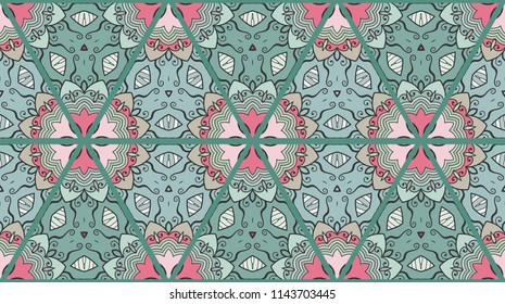 Colorful seamless triangle patchwork pattern. Abstract hand drawn art, stylized floral doodle ornament. Tribal ethnic arabic, indian decor. Vector collage quilt pattern. Textile fabric paper print