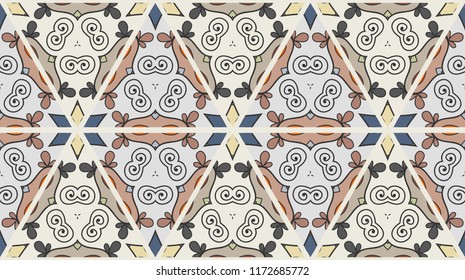 Colorful seamless triangle patchwork pattern. Abstract hand drawn art, stylized floral doodle ornament. Tribal ethnic arabic, indian decor. Vector collage quilt pattern. Textile fabric paper print