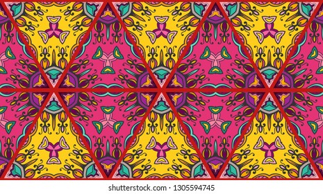 Colorful seamless triangle patchwork pattern. Abstract hand drawn art, stylized floral doodle ornament. Tribal ethnic arabic, indian decor. Vector collage quilt pattern. Textile fabric paper print