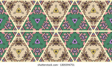 Colorful seamless triangle patchwork pattern. Abstract hand drawn art, stylized floral doodle ornament. Tribal ethnic arabic, indian decor. Vector collage quilt pattern. Textile fabric paper print