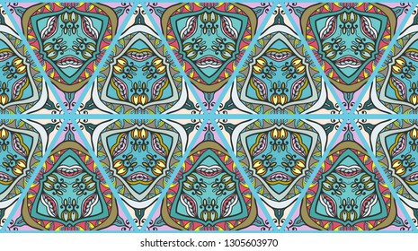 Colorful seamless triangle patchwork pattern. Abstract hand drawn art, stylized floral doodle ornament. Tribal ethnic arabic, indian decor. Vector collage quilt pattern. Textile fabric paper print