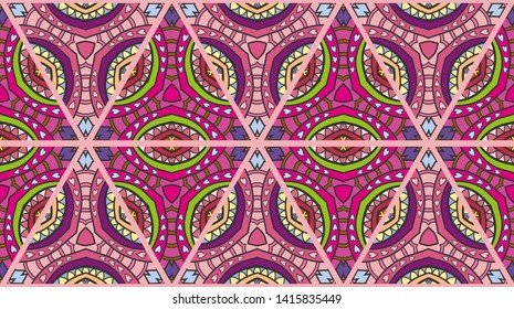 Colorful seamless triangle patchwork pattern. Abstract hand drawn art, stylized floral doodle ornament. Tribal ethnic arabic, indian decor. Vector collage quilt pattern. Textile fabric paper print