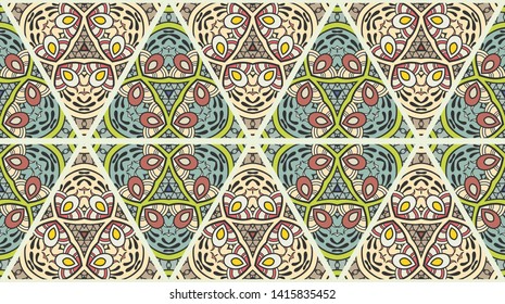 Colorful seamless triangle patchwork pattern. Abstract hand drawn art, stylized floral doodle ornament. Tribal ethnic arabic, indian decor. Vector collage quilt pattern. Textile fabric paper print